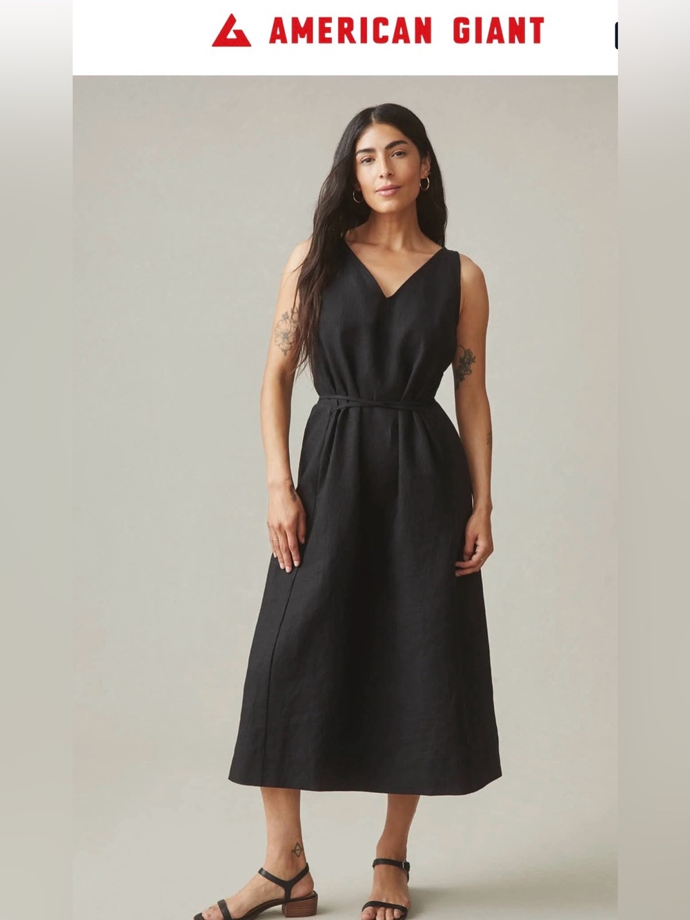 American Giant Black V-Neck Midi Dress with Waist Tie 💯 Linen